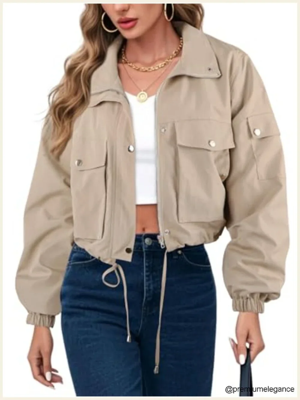 Cropped Bomber Jacket Zip Up Lightweight Utility Anorak Coat with Pockets